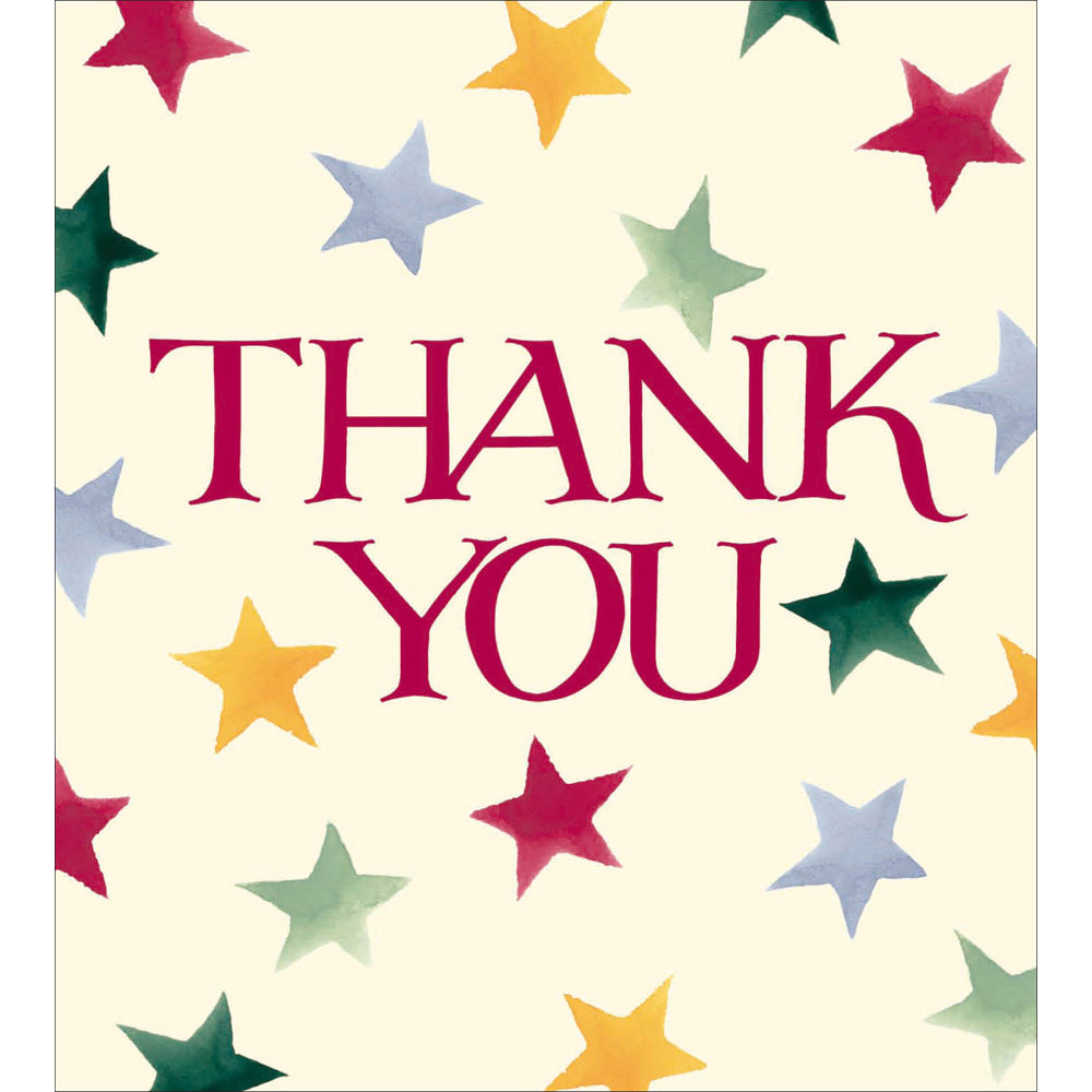 A greetings card with a cream background. The wrds THANK YOU are in red capitals in the centre across 2 lines and they are surrounded by spaced out stars of different colours - sage gree, light blue and a warm yellow.