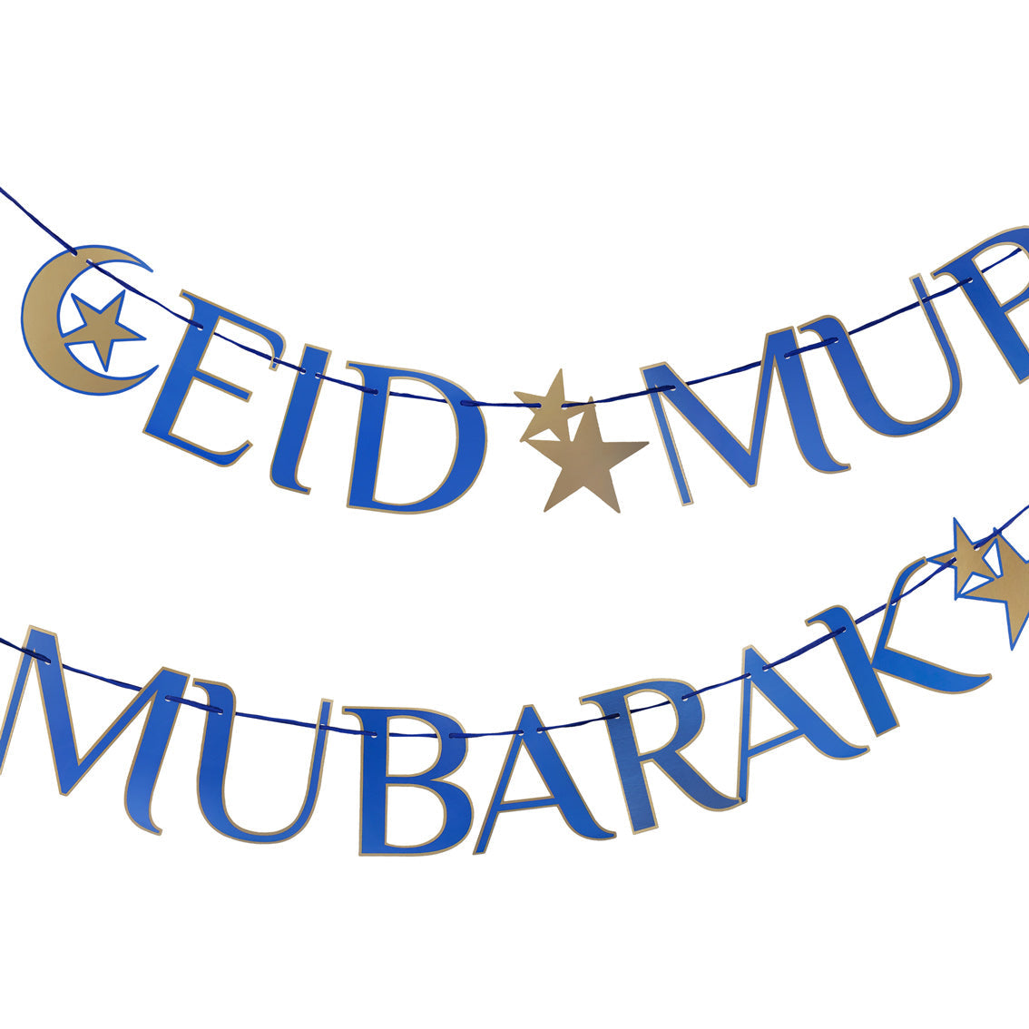A hanging banner with the words Eid Mubarak in navy blue capital letters.