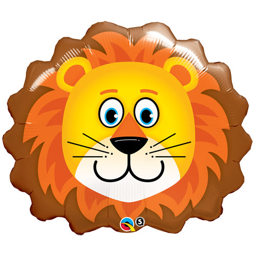 Image is of a large foil balloon, in the shape of a lion's head.  The balloon has a brown and orange main and the lion's face is yellow. The Lion has two ears, two eyes, a nose, whiskers and a smile.