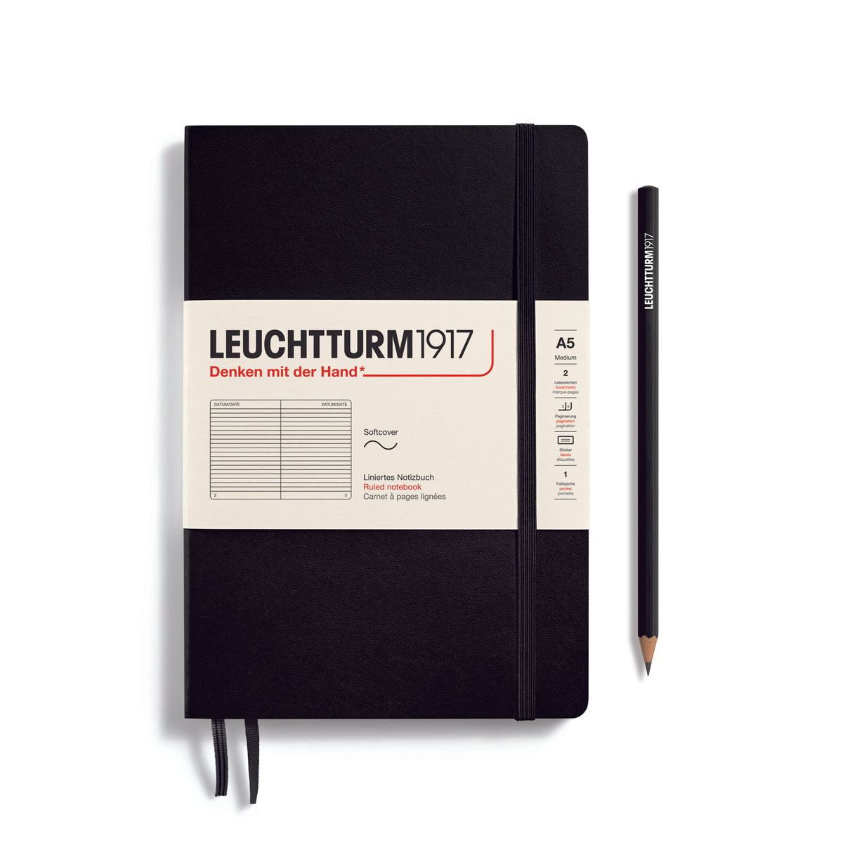 LEUCHTTURM1917 Notebook A5 Medium Softcover in black with ruled inside pages - penny black