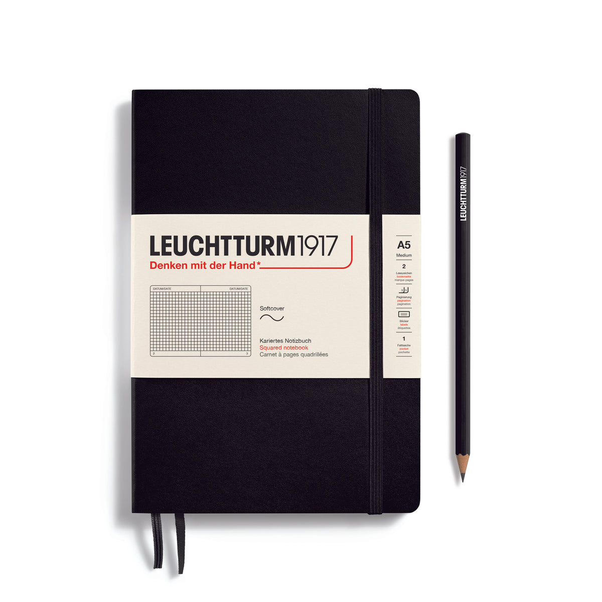 LEUCHTTURM1917 Notebook A5 Medium Softcover in black with squared ruling - penny black