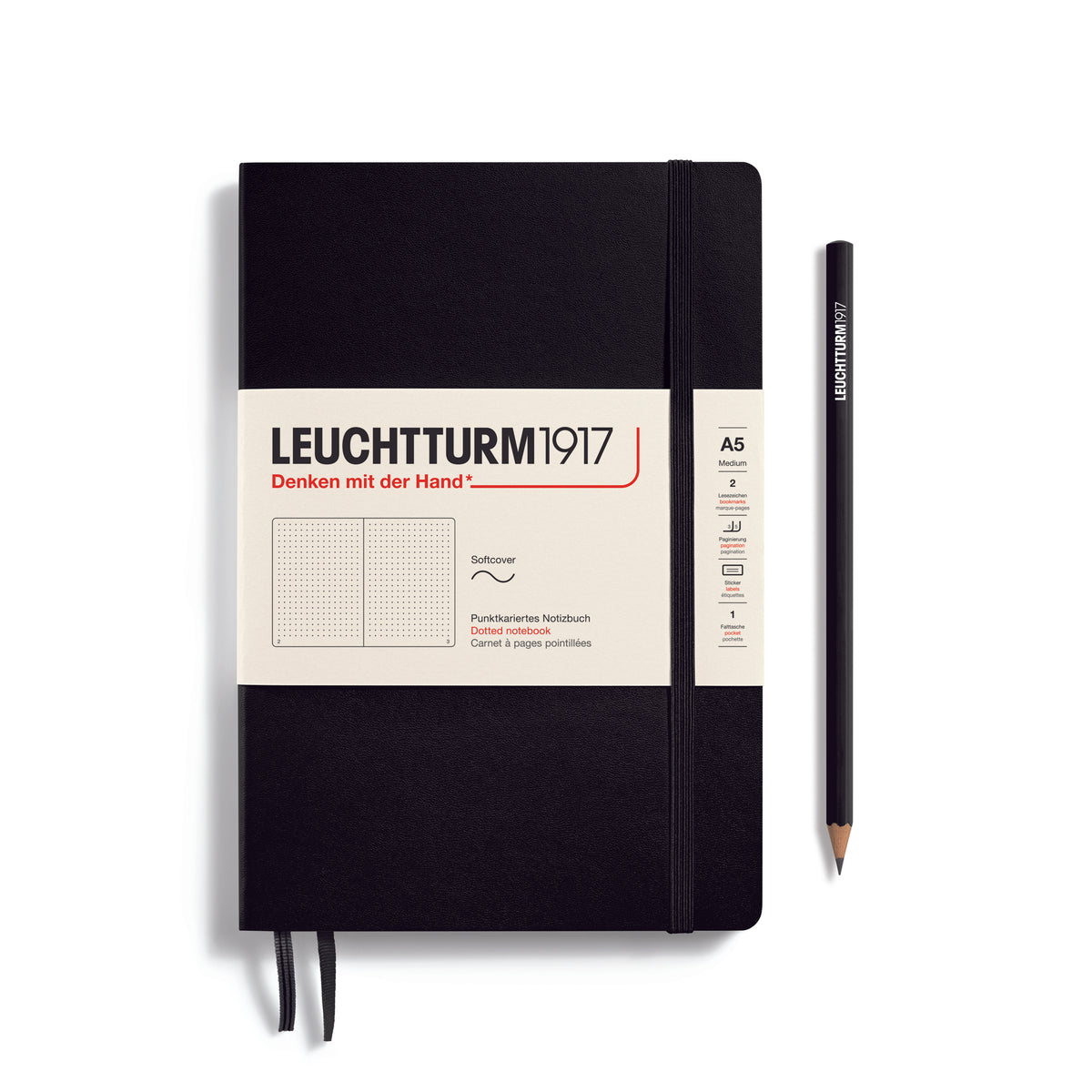 LEUCHTTURM1917 Notebook A5 Medium Softcover in black with dotted ruling - penny black