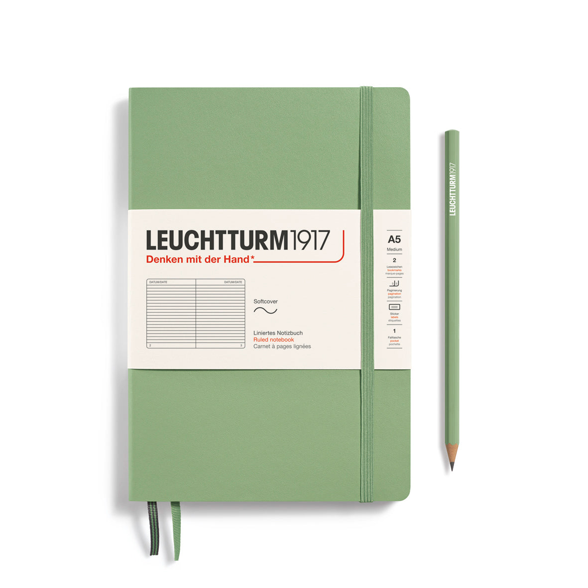 LEUCHTTURM1917 Notebook A5 Medium Softcover in sage green with ruled pages - penny black