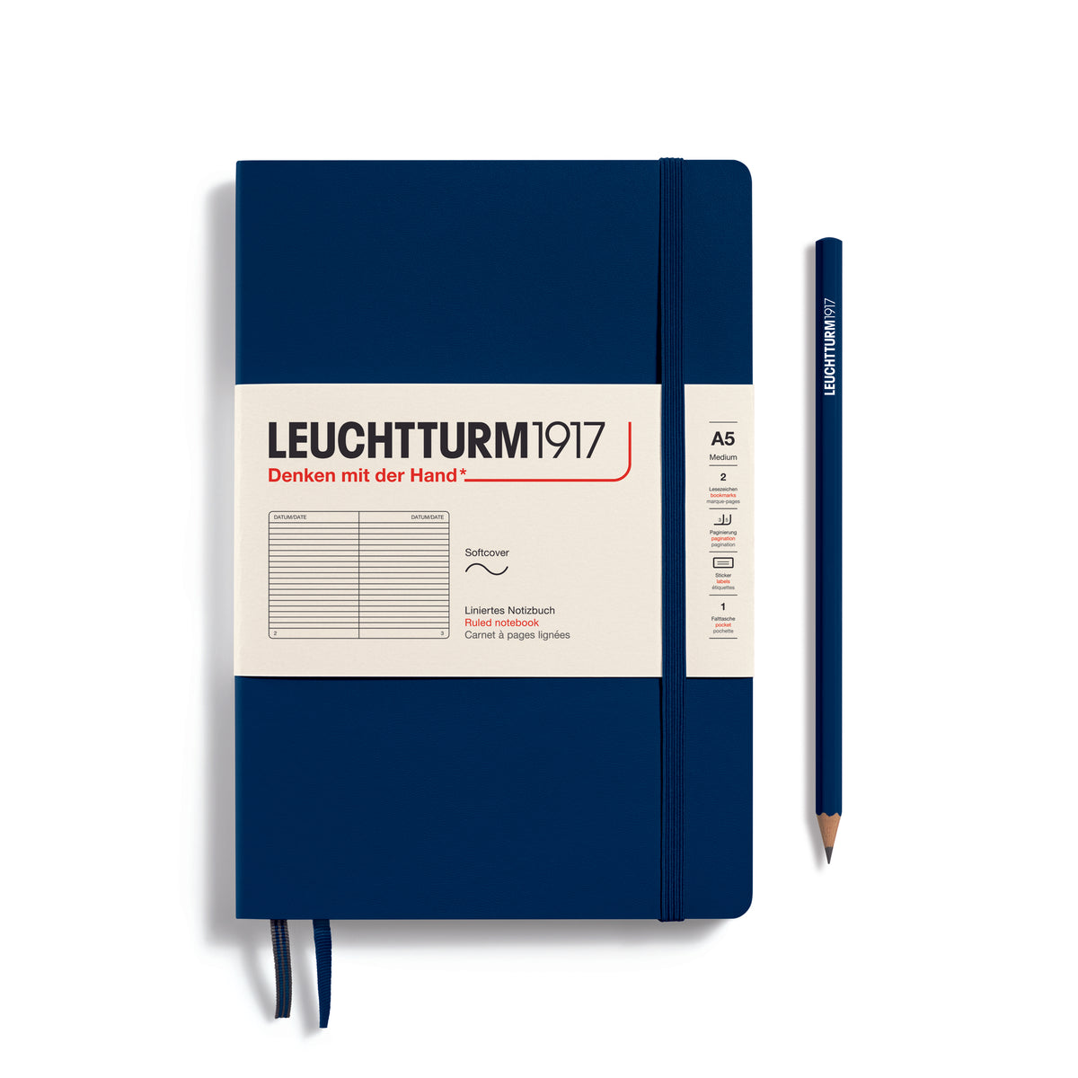 LEUCHTTURM1917 Notebook A5 Medium Softcover in navy with ruled pages - penny black