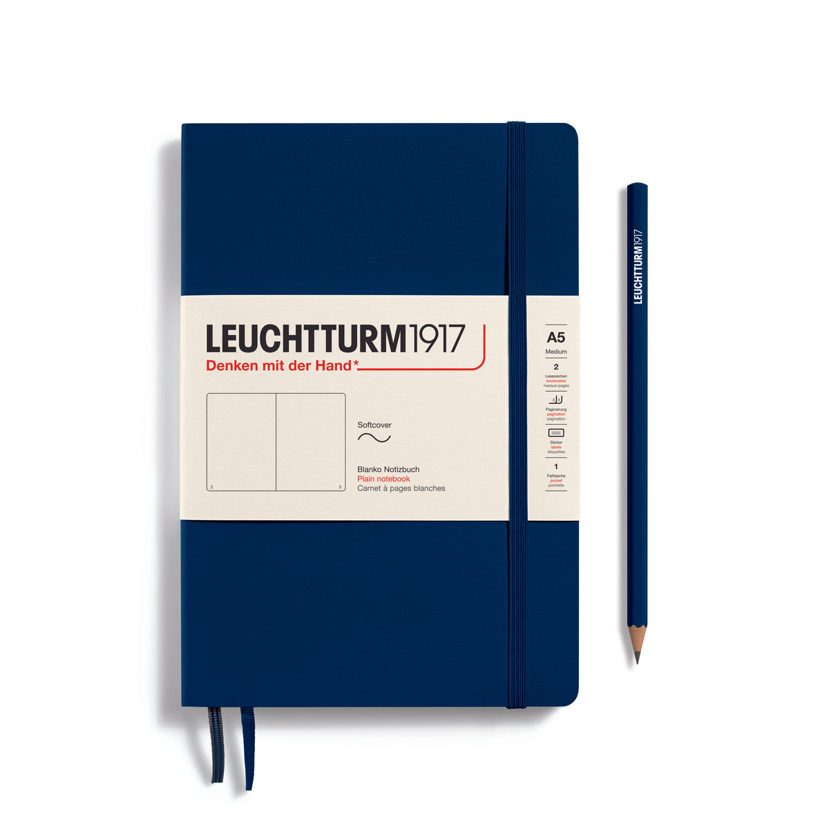 LEUCHTTURM1917 Notebook A5 Medium Softcover in navy with plain ruling - penny black