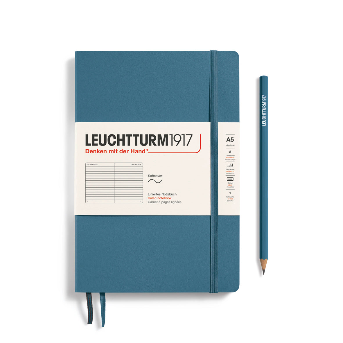 LEUCHTTURM1917 Notebook A5 Medium Softcover in stone blue with ruled pages - penny black
