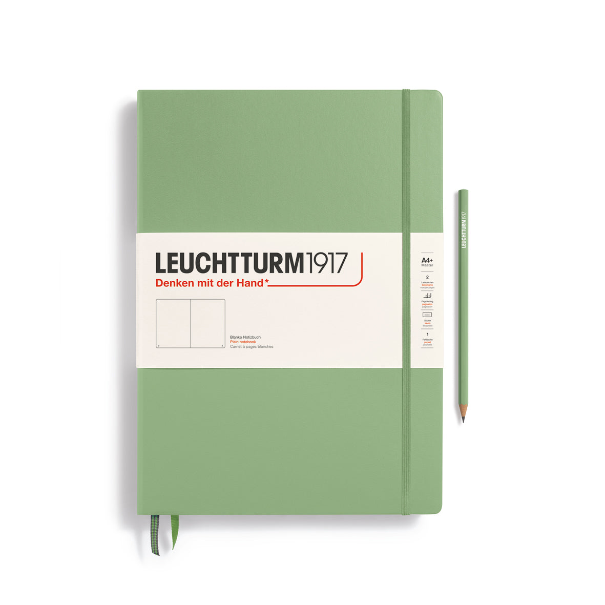 A large sage green notebook with a white paper band around it with the logo of the brand Leuchtturm1917. Below this is an image of the page ruling inside - in this case, plain or blank. It has two page marker ribbons showing at the bottom near the binding and a matching colour elastic notebook closure holding it neatly together. A sage green Leuchtturm pencil is shown at the side of the book.