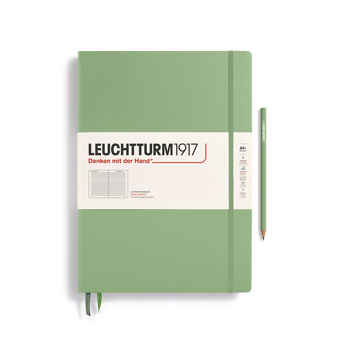 A large sage green notebook with a white paper band around it with the logo of the brand Leuchtturm1917. Below this is an image of the page ruling inside - in this case, ruled or lined. It has two page marker ribbons showing at the bottom near the binding and a matching colour elastic notebook closure holding it neatly together. A sage green Leuchtturm pencil is shown at the side of the book.