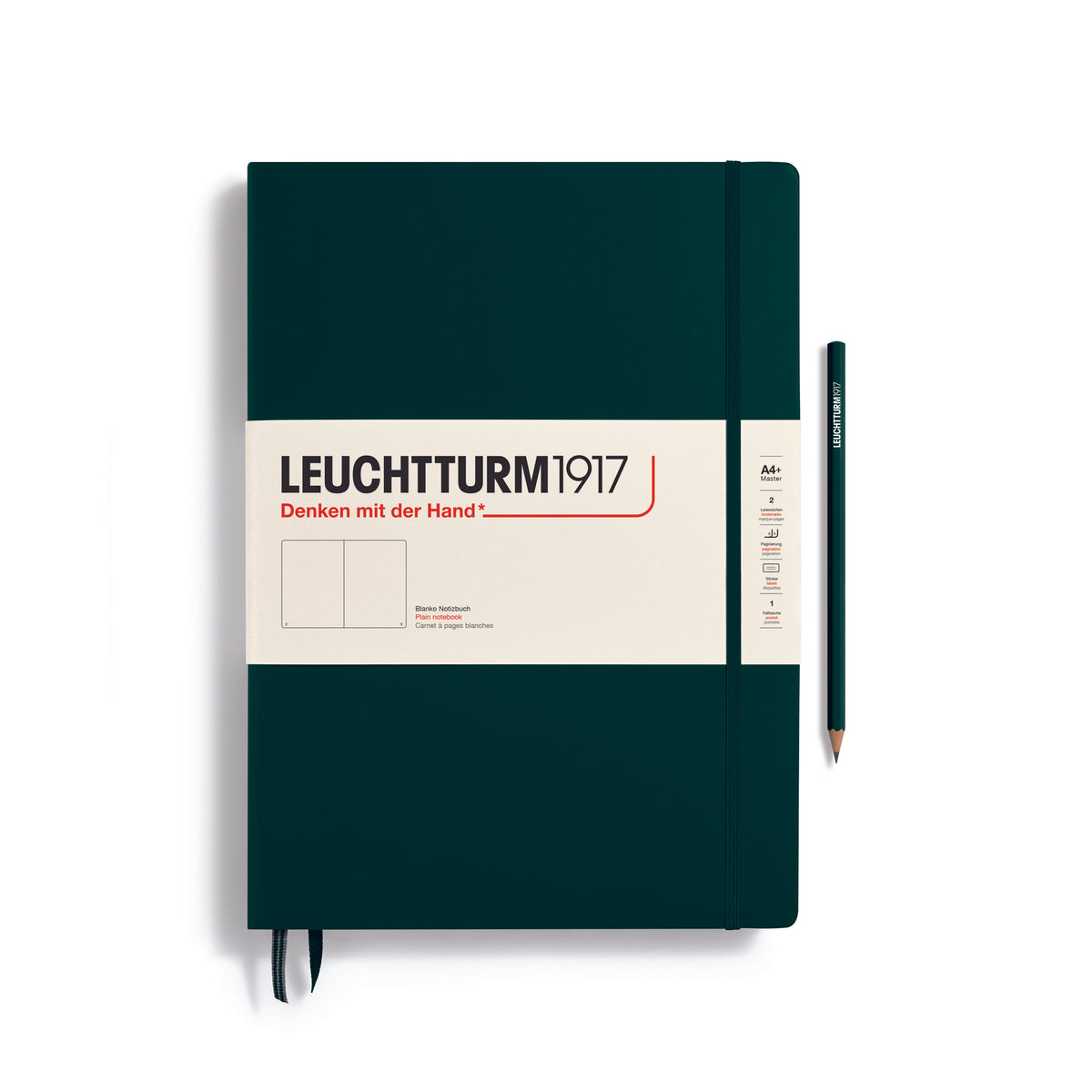 A large forest green notebook with a white paper band around it with the logo of the brand Leuchtturm1917. Below this is an image of the page ruling inside - in this case, plain or blank. It has two page marker ribbons showing at the bottom near the binding and a matching colour elastic notebook closure holding it neatly together. A forest green Leuchtturm pencil is shown at the side of the book.