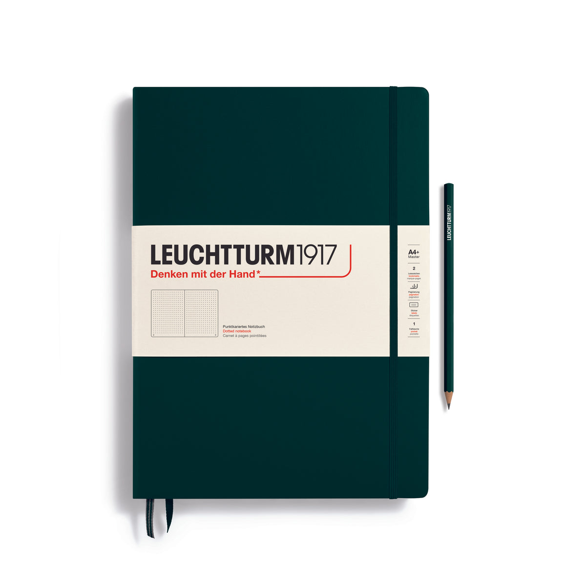 A large forest green notebook with a white paper band around it with the logo of the brand Leuchtturm1917. Below this is an image of the page ruling inside - in this case, dotted. It has two page marker ribbons showing at the bottom near the binding and a matching colour elastic notebook closure holding it neatly together. A forest green Leuchtturm pencil is shown at the side of the book.