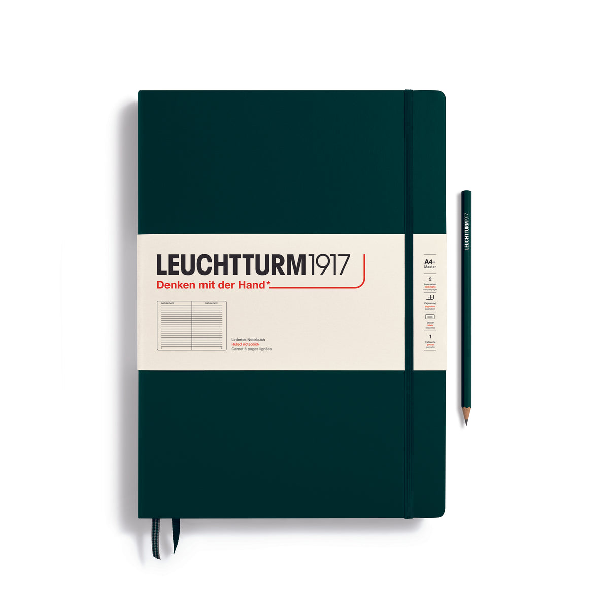 A large forest green notebook with a white paper band around it with the logo of the brand Leuchtturm1917. Below this is an image of the page ruling inside - in this case, ruled or lined. It has two page marker ribbons showing at the bottom near the binding and a matching colour elastic notebook closure holding it neatly together. A forest green Leuchtturm pencil is shown at the side of the book.