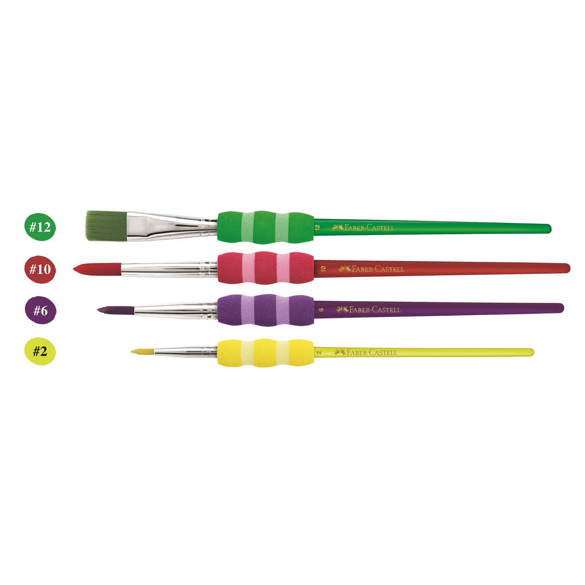 An image showing 4 Faber Castell paint brushes. The brushes are different colours and widths with a comfortable grip on each.