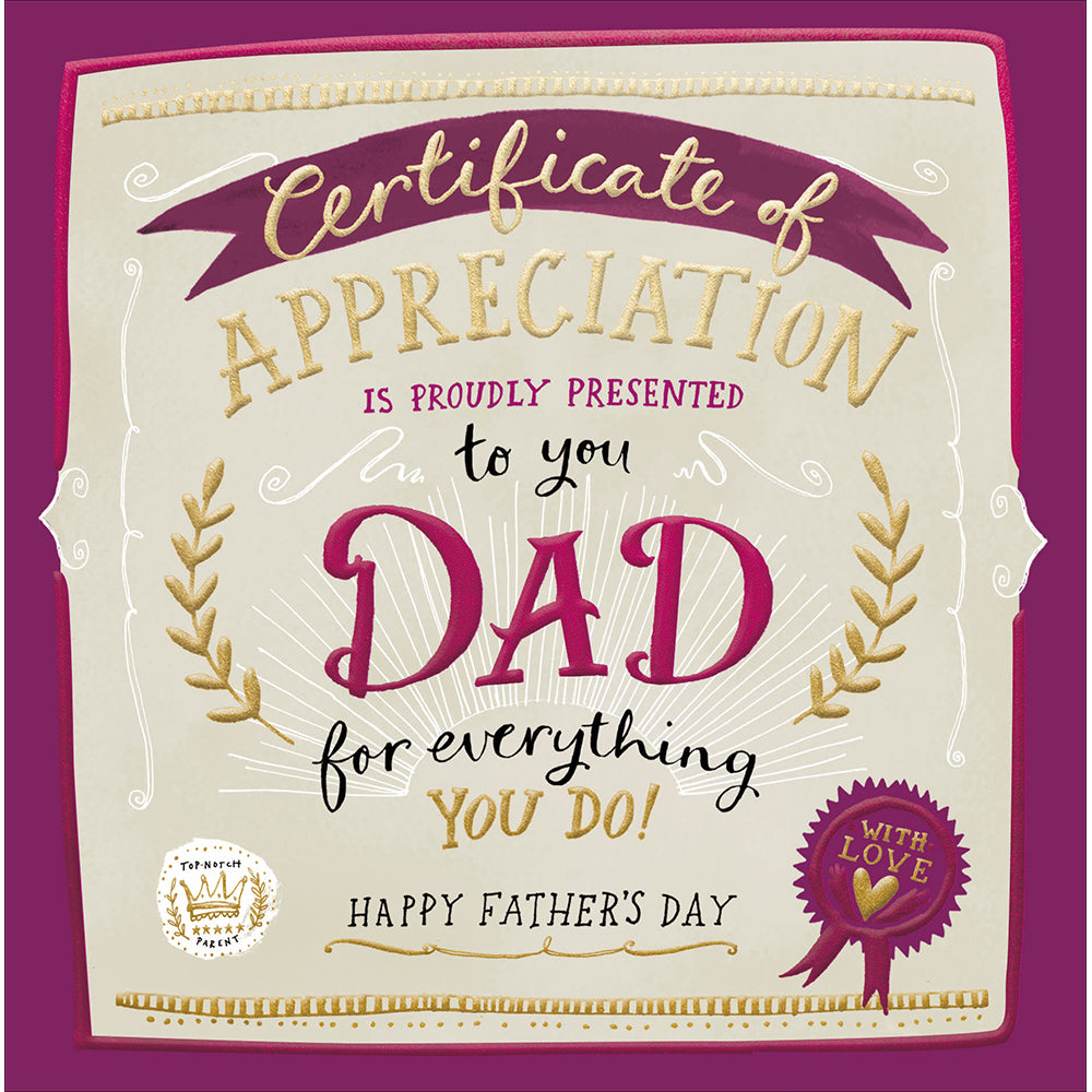 Dad Appreciation Certificate Father's Day Card by penny black