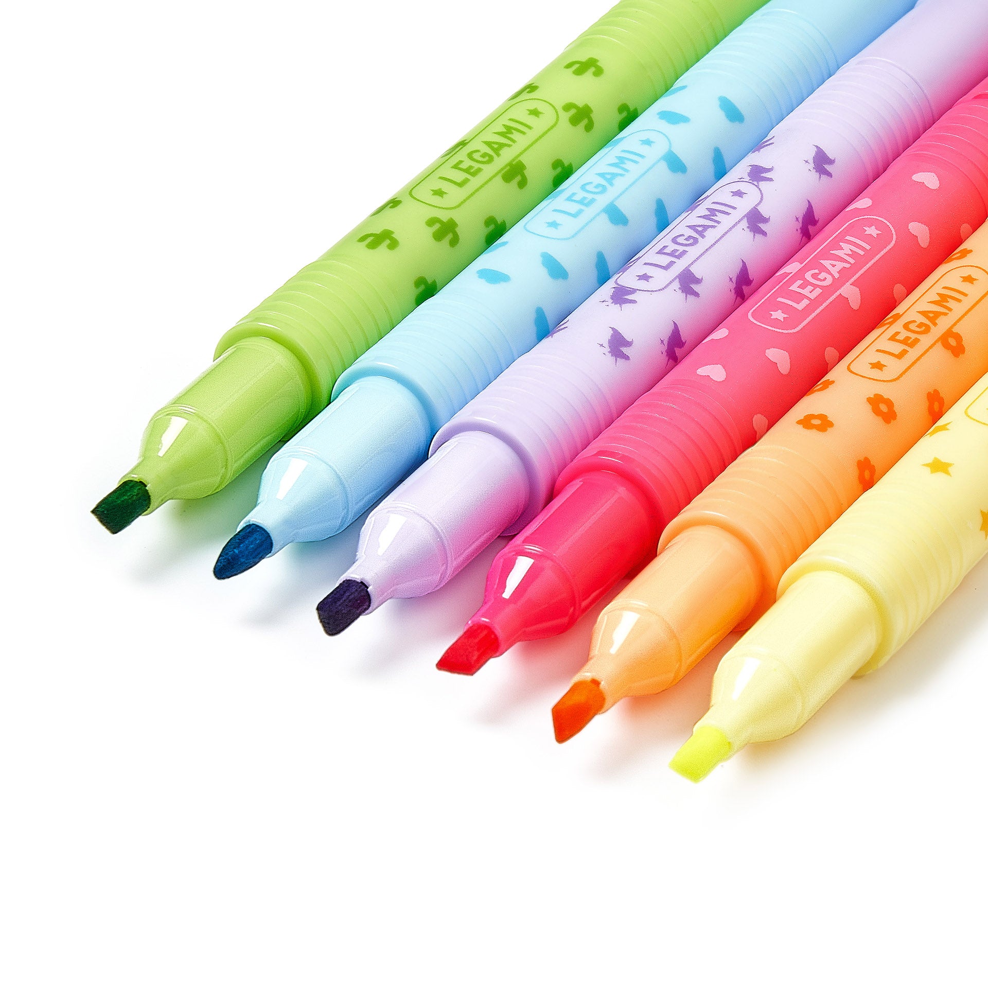An image of 6 mini erasable highlighters with their lids off. They are all single colours - green, light blue, lilac, red, orange and yellow.