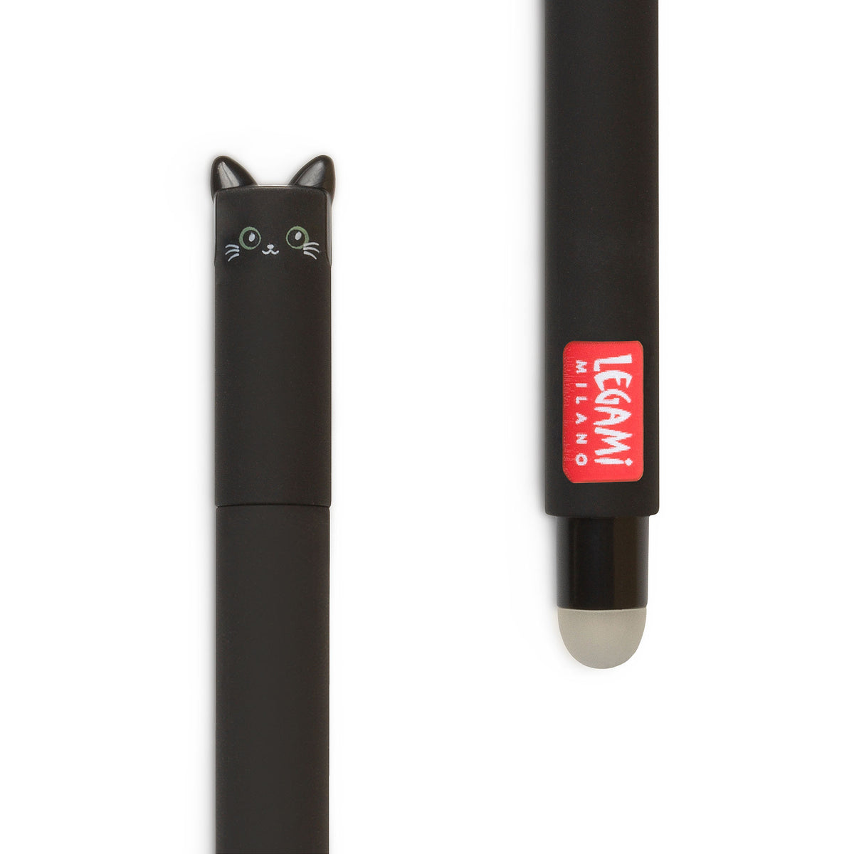 Image of an erasable pen lid and rubber in the shape of a black cat.