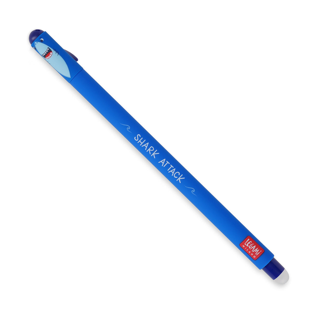 An image of a navy blue coloured erasable pen by Legami. The cap of the pen is like the head of a shark with fin formed on the side. It has an erasble ball at the other end of the pen.