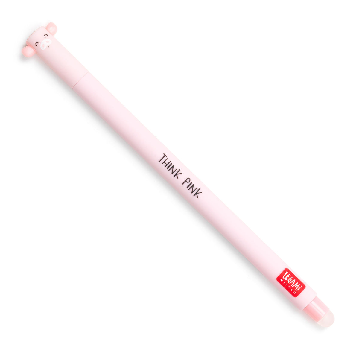 An image of a pink coloured erasable pen by Legami. The cap of the pen is like the head of a pig with piggy ears formed on the sides. It has an erasable ball at the other end of the pen.