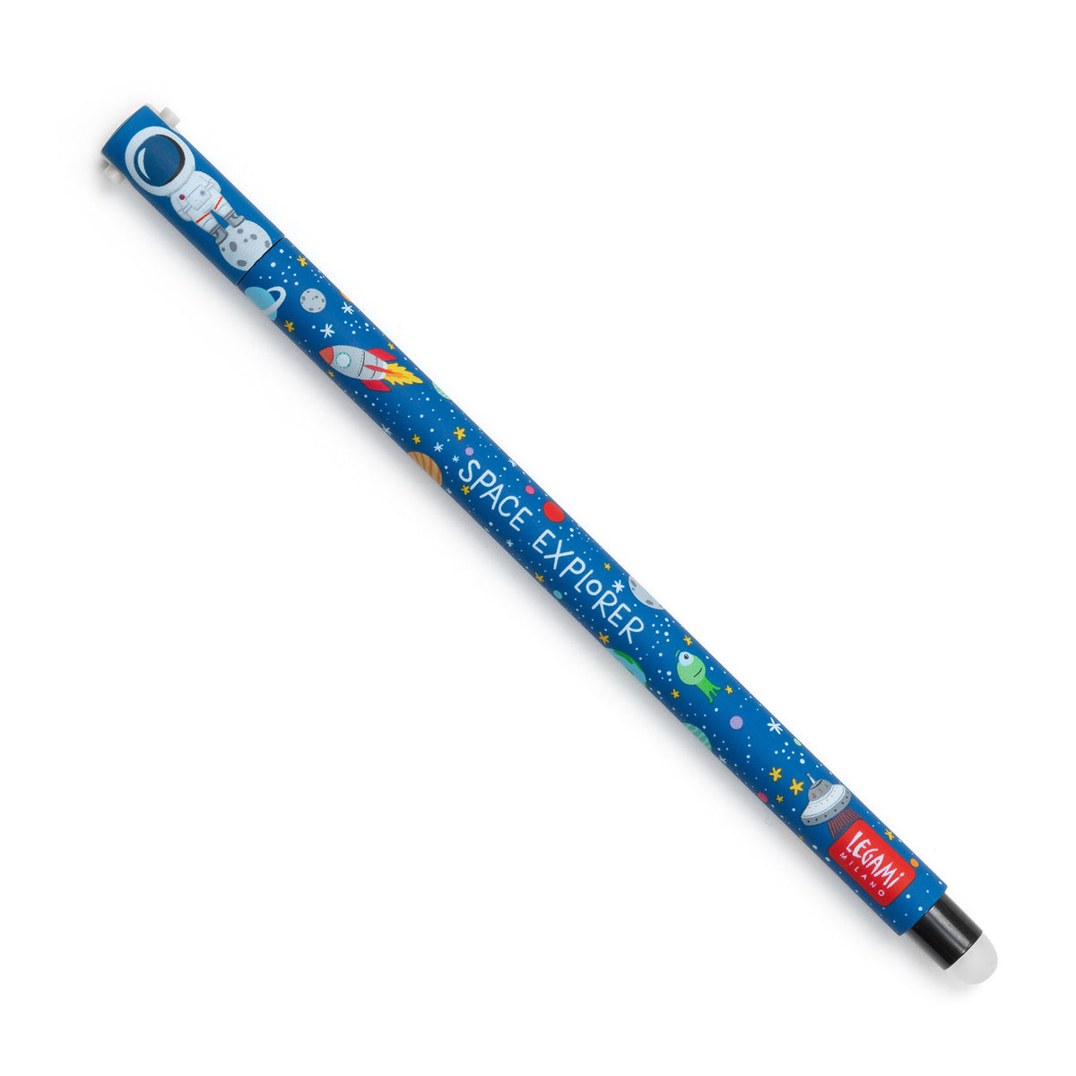 An image of a navy coloured space patterned erasable pen by Legami. It has an erasable ball at the other end of the pen.