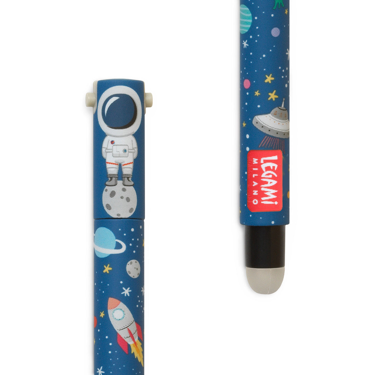 Image of an erasable pen lid and rubber with a space and astronaut theme.