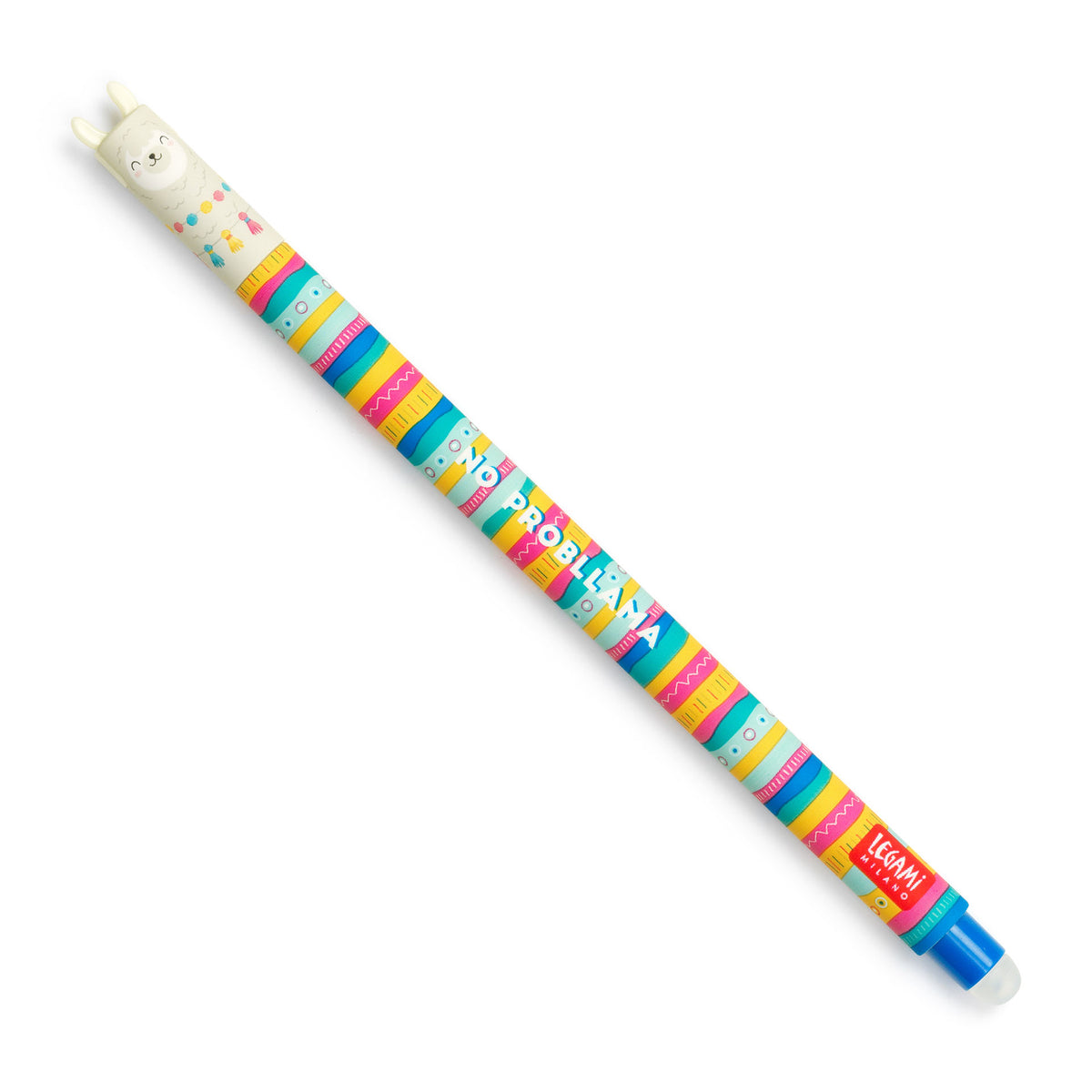 An image of a multicoloured erasable pen by Legami. The cap of the pen is like the head of a llama with llama ears formed on the top. It has an erasable ball at the other end of the pen.