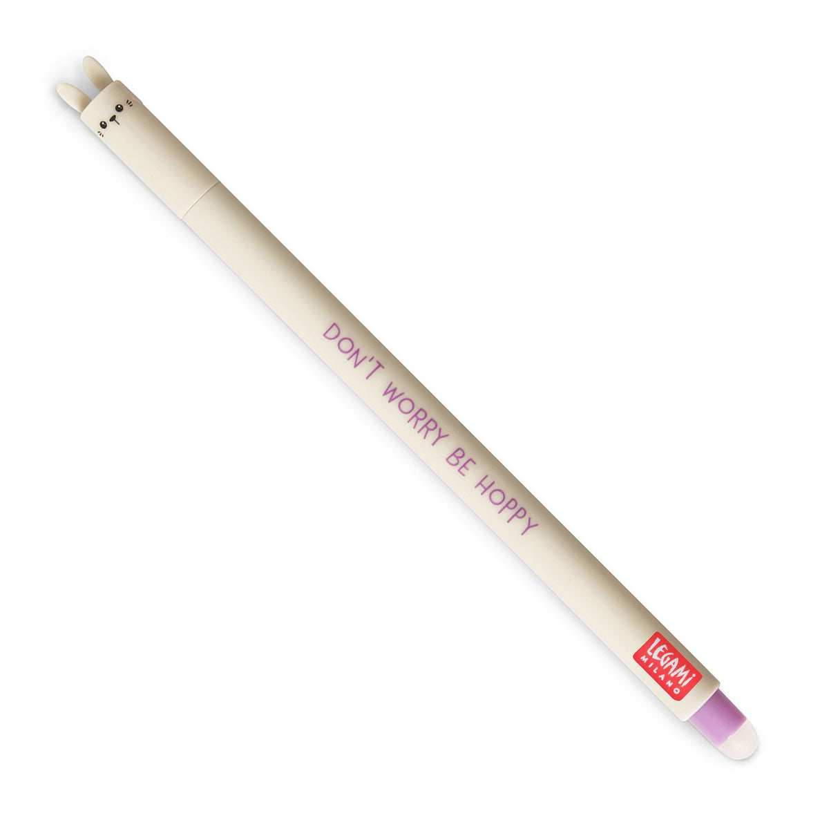 An image of a cream coloured erasable pen by Legami. The cap of the pen is like the head of a bunny with rabbit ears formed on the top. It has an erasble ball at the other end of the pen.