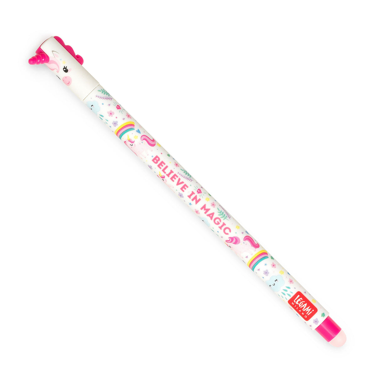 An image of a white coloured patterned erasable pen by Legami. The cap of the pen is like the head of a unicorn with a unicorn horn and mane formed on the sides. It has an erasable ball at the other end of the pen.