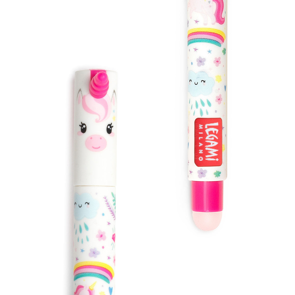 Image of an erasable pen lid and rubber in the shape of a unicorn.