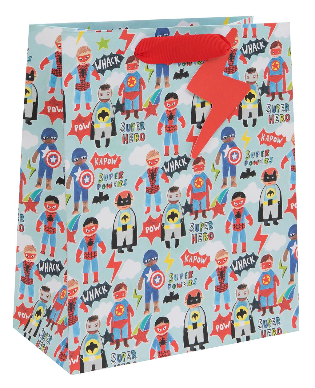 A gift bag with a light blue background covered in superhero illustrations. Little boys are dressed as Captain America, Batman and Spiderman feature. There are also embellishments in the background of white clouds, red thunderbolts and phrases such as 'whack', 'pow' and 'kapow'. There is also a red ribbon handle with a red thunderbolt gift tag.