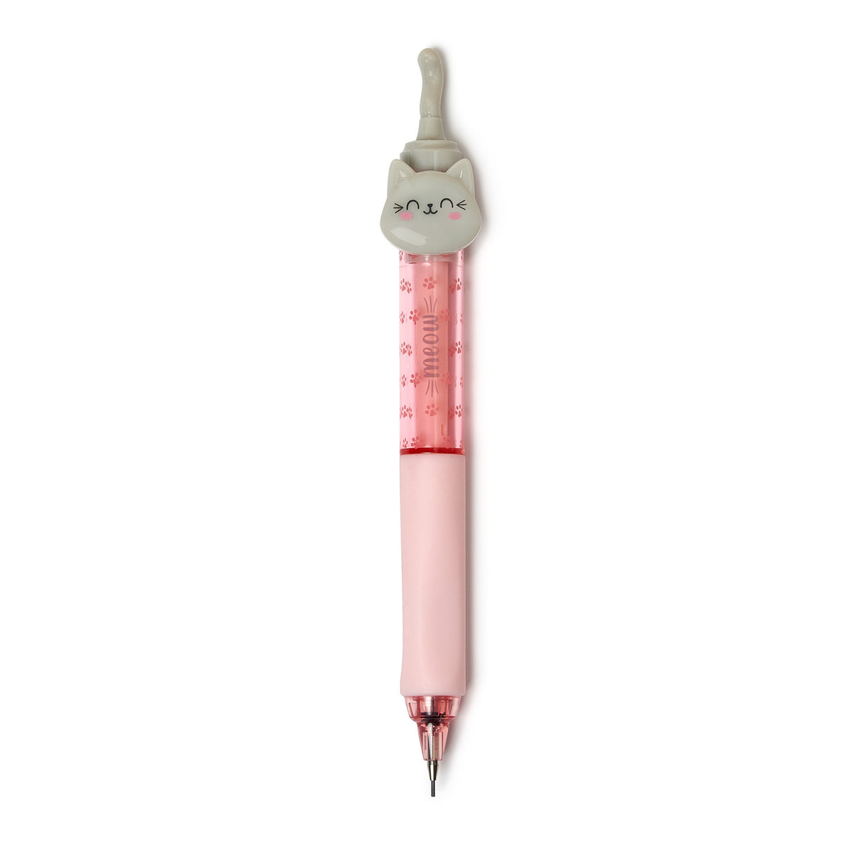 An image of a mechanical pencil with a light pink shaft. It has a clear section showing the lead and a silicone part for comfort. It also has a light grey cat with it&#39;s tail sticking up at the top.