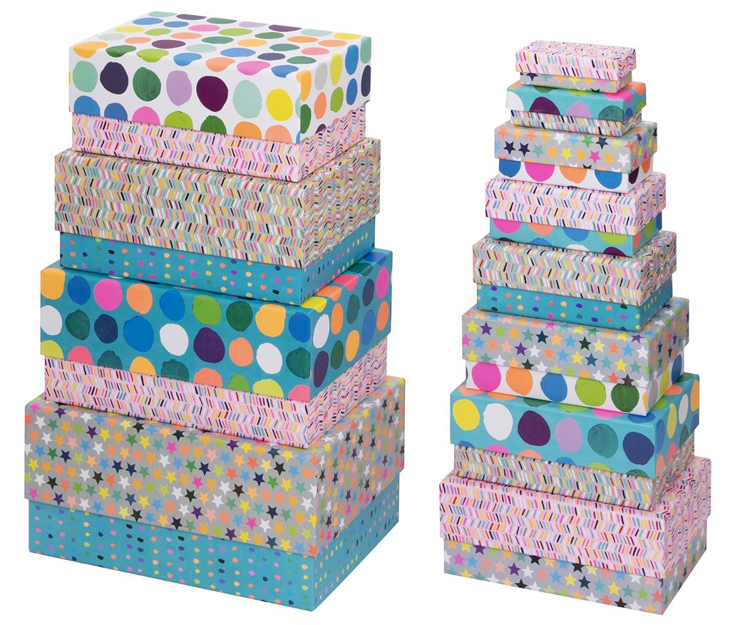 Two stacks of multicolour gift boxes. Some have stars, spots and dashes.