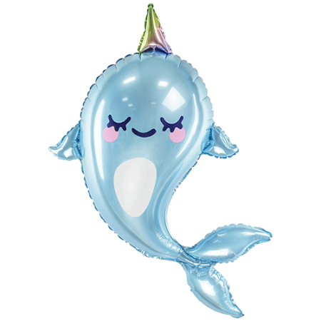 Image is of a large foil balloon, shaped like a Narwhal. The balloon is blue in colour and has a metallic coloured cone at the top to illustrate a horn.  The Narwhal has blushed cheeks a smile and closed eyes.
