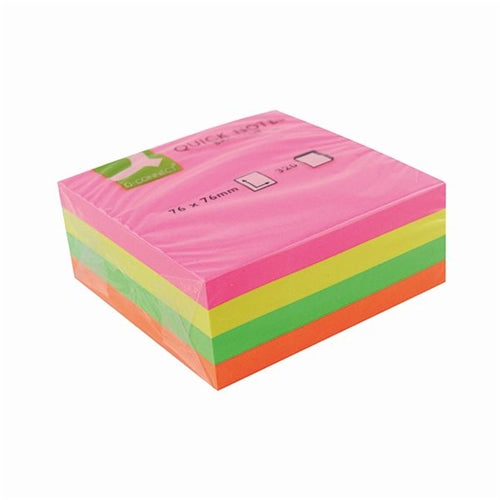 An image of a sticky note cube made up of multicolour rainbow layers. It is wrapped in a clear cellophane with the brand and name on the front.
