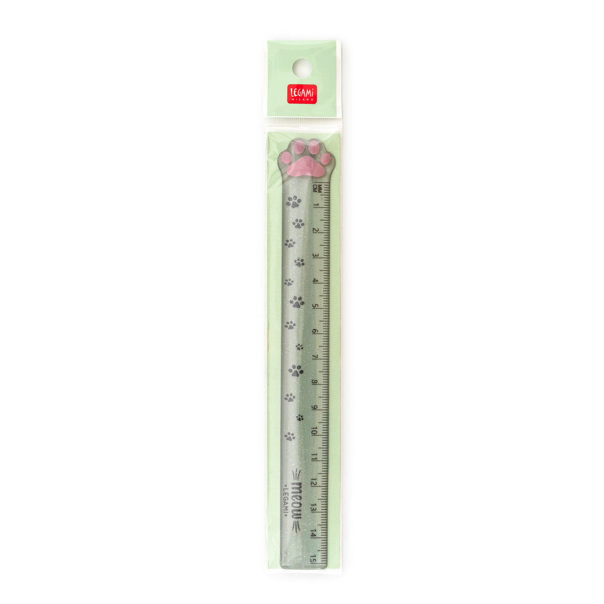 An image of a cat paw print ruler in light green packaging.