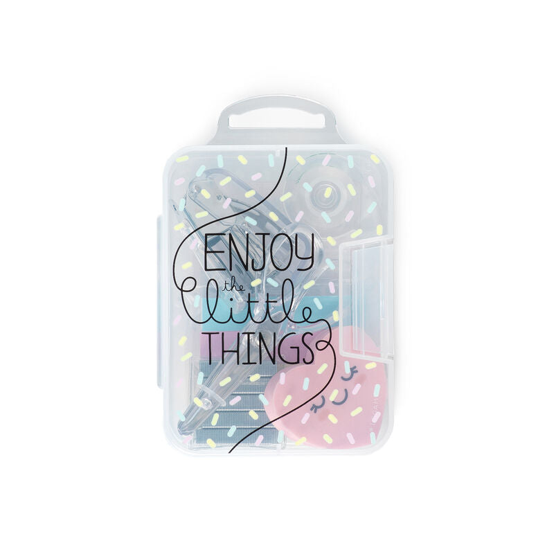 An image of a small plastic case containing mini stationery items. It has the words on the front in black writing &#39;Enjoy the little things&#39;.