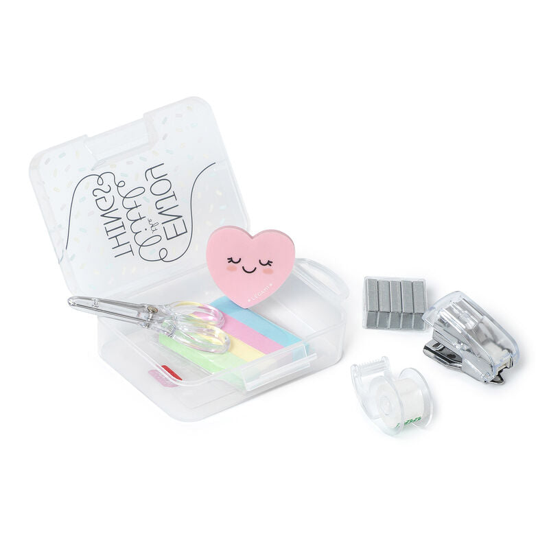 An image of an open plastic tub that says the words &#39;Enjoy Little Things&#39; on the front. Inside it has several mini stationery items like a stapler, staples, tape dispenser, scissors and sticky notes.