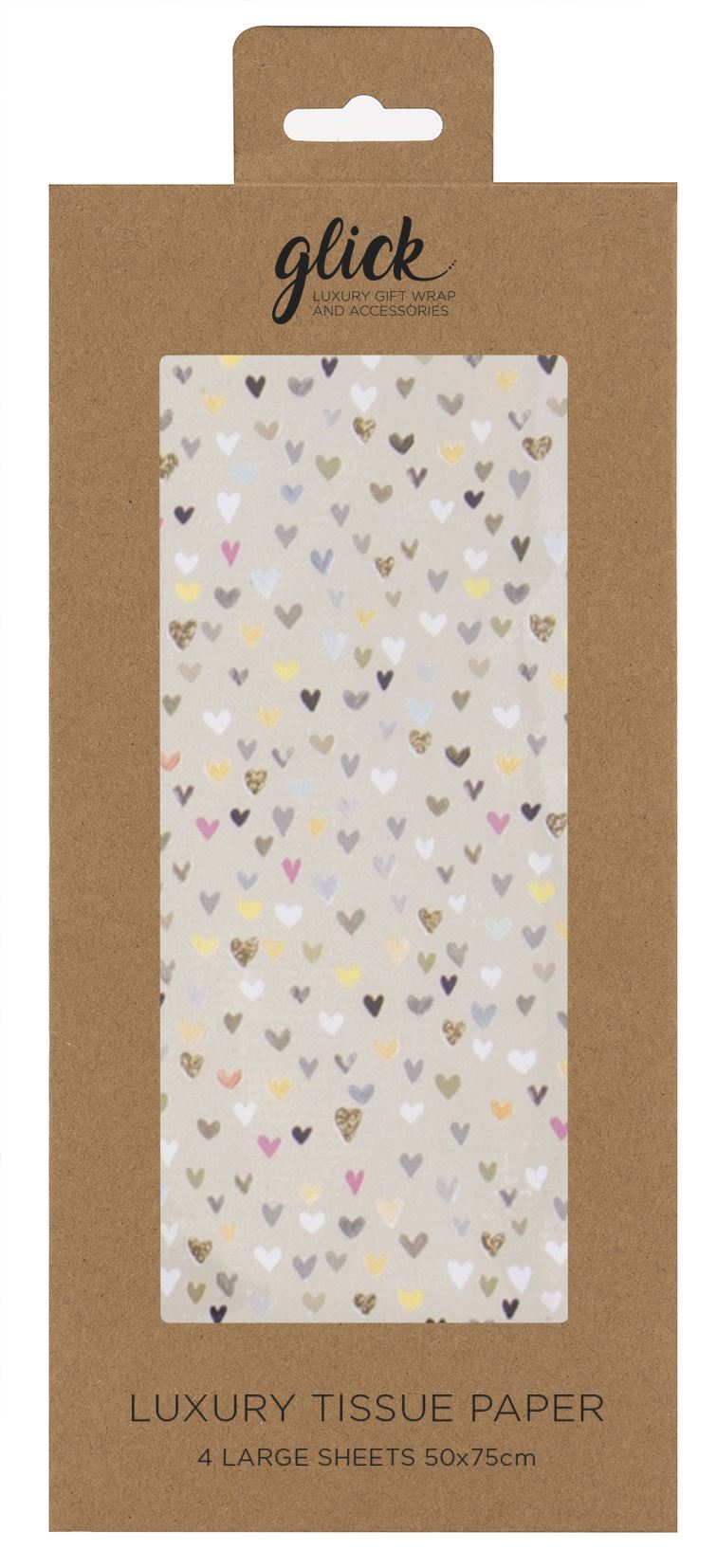 Retail packaging for A rectangular sheet of tissue paper with a matt gold/beige background covered in tiny hearts of differing colours and textures. The hearts are pink, gold, black, white and silver. The hearts are not uniform in shape or placement.