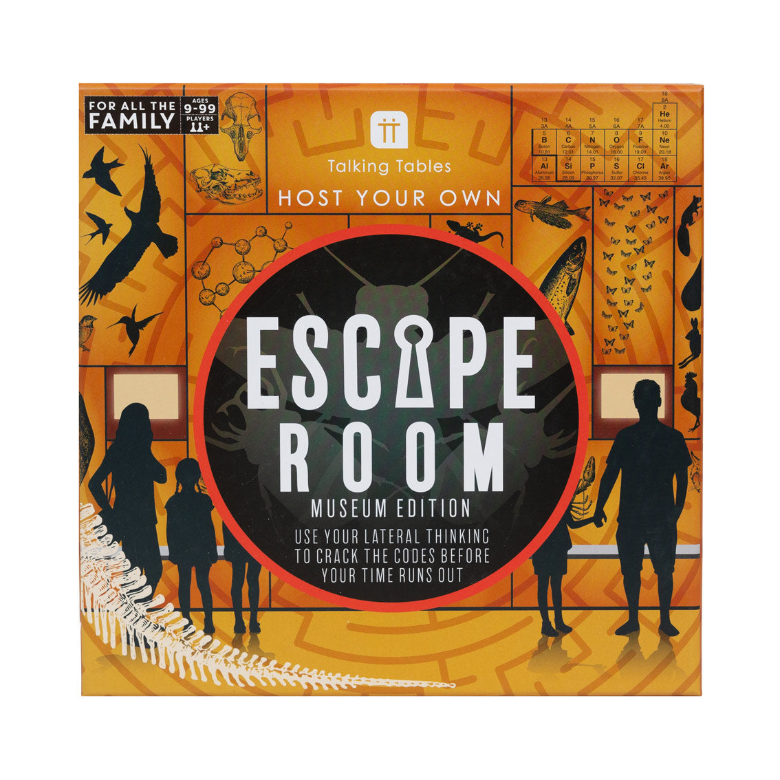 An image of the front of an escape room game. As it is situated in a museum, the design on the cover is of a family looking at museum exhibits. It is yellow and orange in colour with a black circle in the middle with the words 'Escape Room - musseum edition'