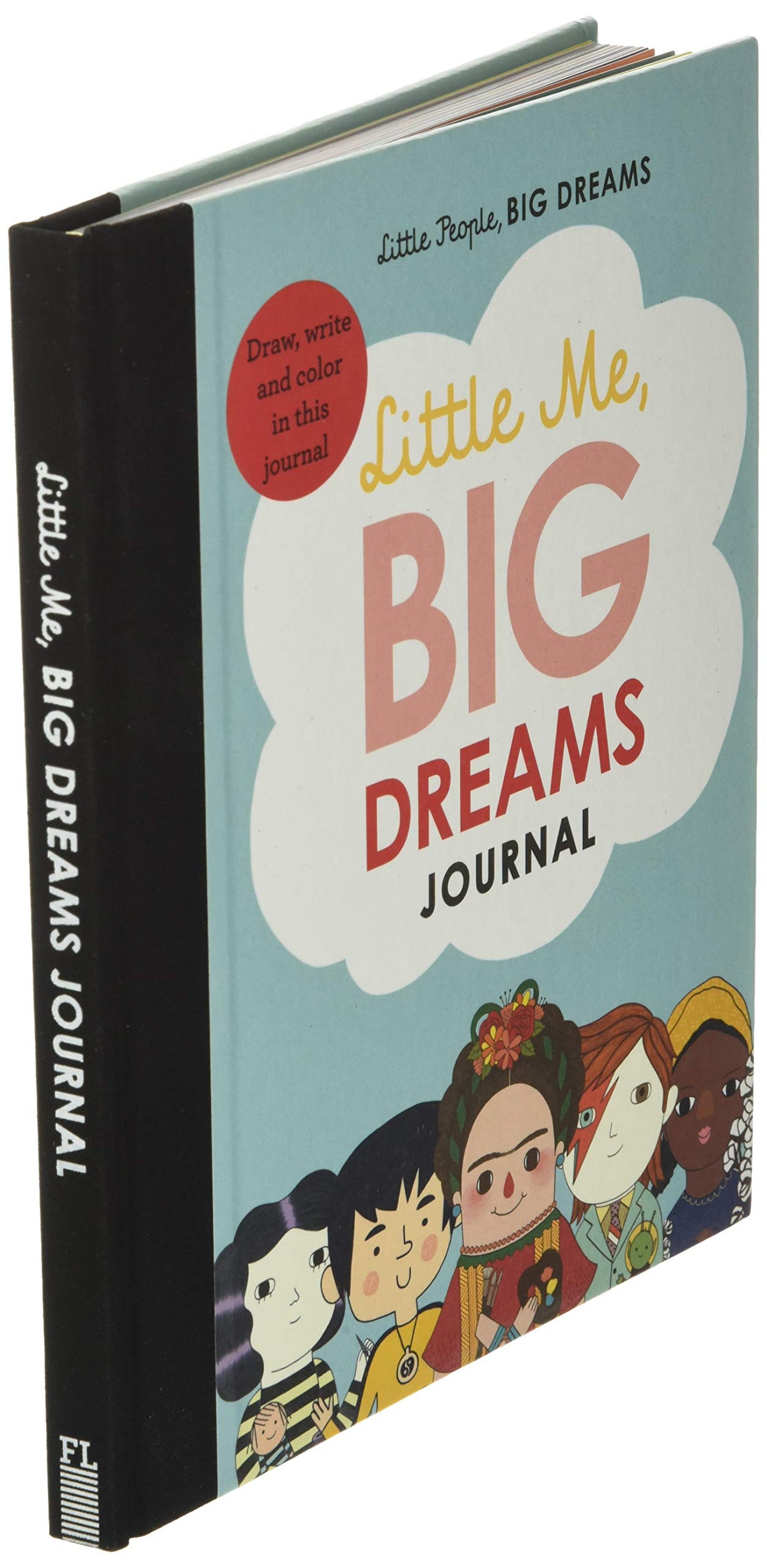 A sky blue background to this book cover with a white cloud above famous illustrated inspirational people like Frida Kahlo. The cloud has the words Little me, Big Dreams written inside. This image shows the books spine with the same words.