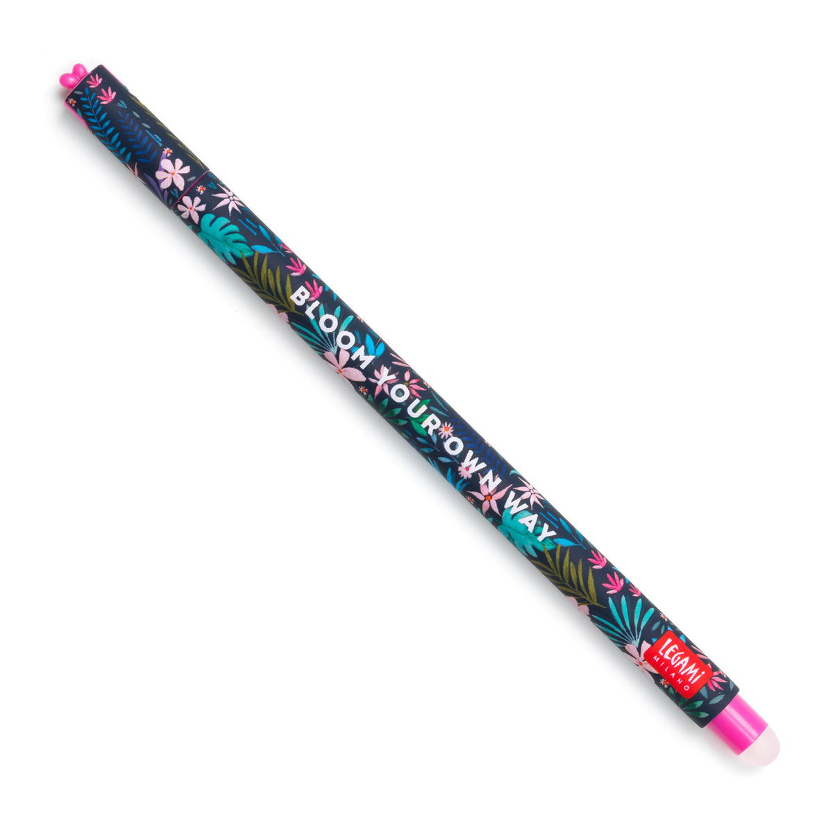 An image of a navy coloured and floral patterned erasable pen by Legami. The cap of the pen has a little heart formed on top. It has an erasable ball at the other end of the pen.