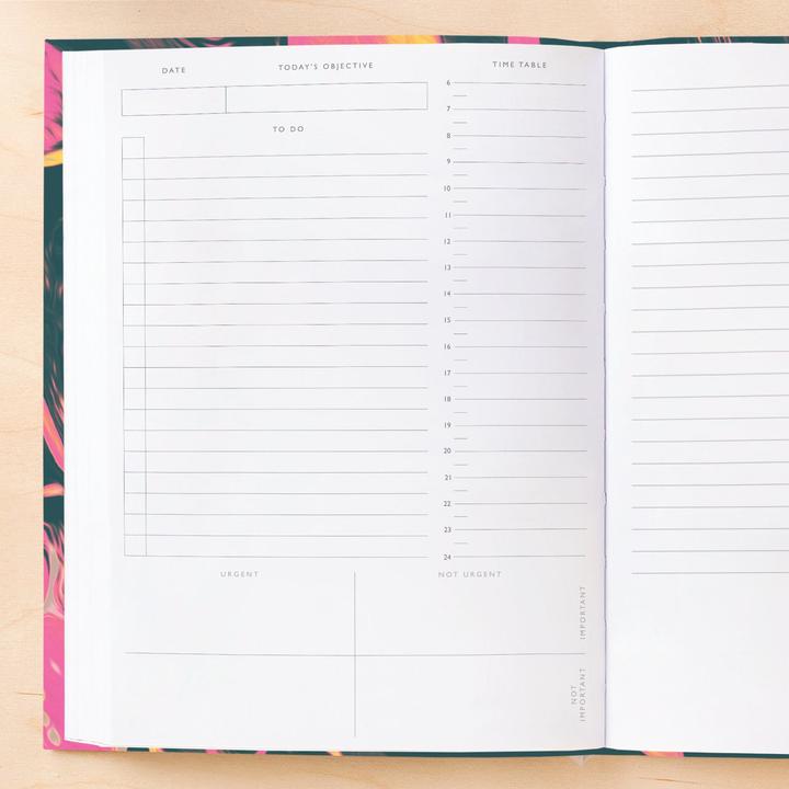 This image shows the inside of a planner, the left hand page. It has boxes for date and today&#39;s objective at the top, then sets out rows on lines for &#39;To Do&#39;. On the last quarter of the page are 4 boxes to separate tasks as urgent/non-urgent/important/not important. There is also a day timetable down the left part of the page going from 6am til midnight.