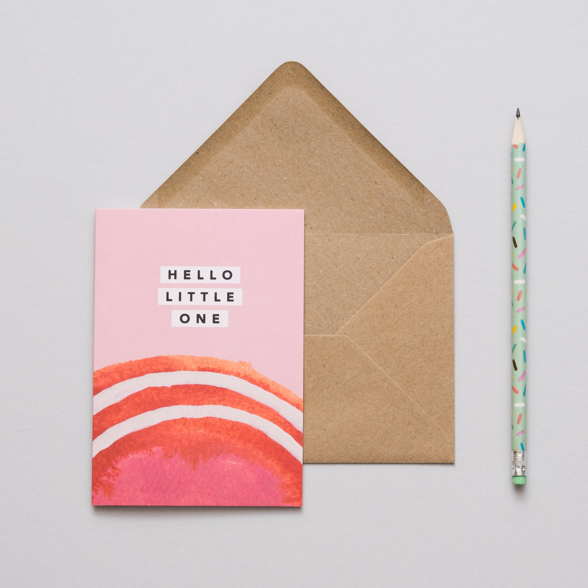 Pink Sunrise Hello Little One New Baby Card by joy jen at penny black with envelope
