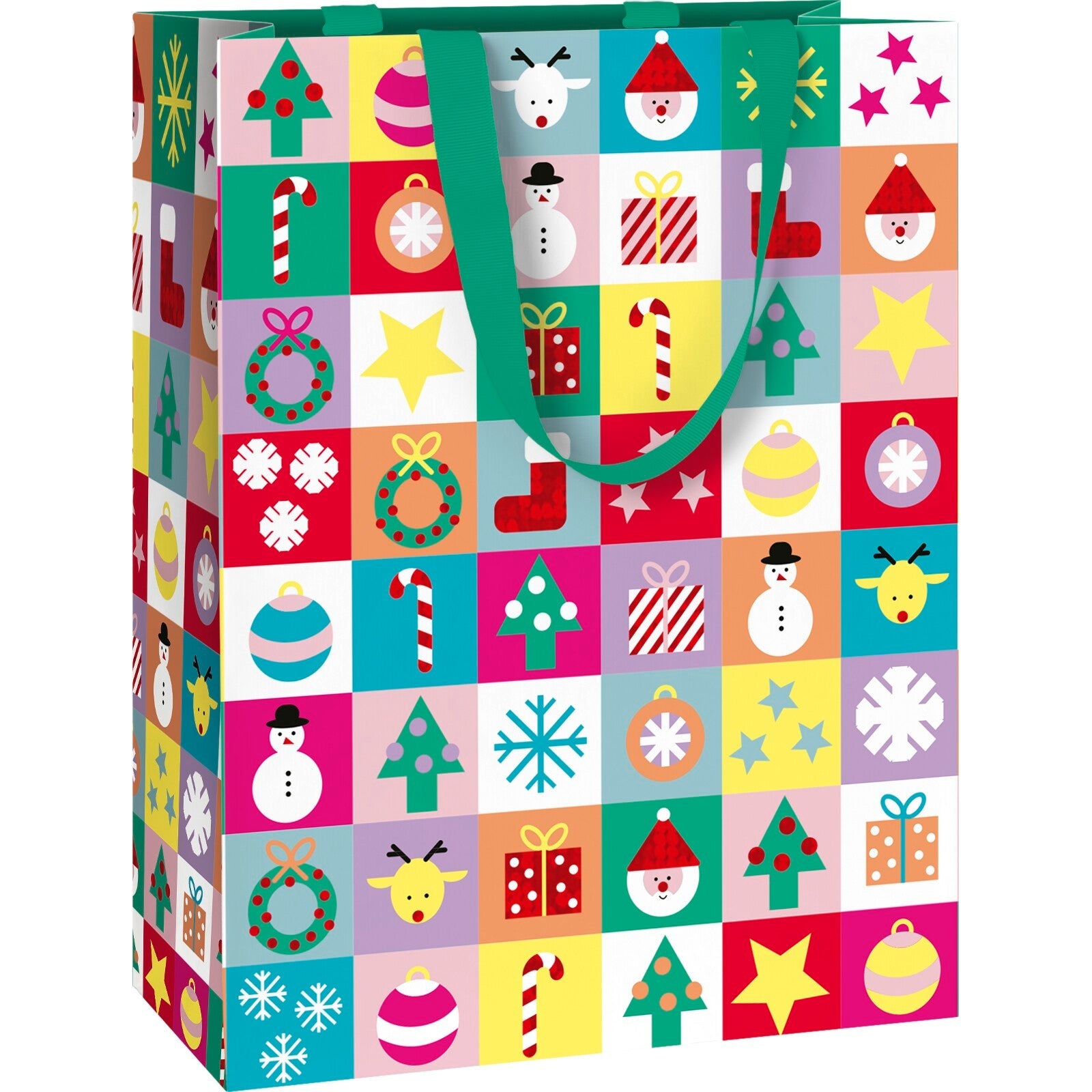 A christmas gift bag covered in colourful geometric squares with festive icons inside.