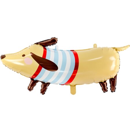 A foil balloon in the shape of a sausage dog with a jumper on.