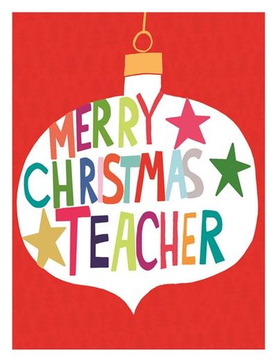 An image of a christmas greetings card with a red background and a white bauble shape with the multicolour words 'marry christmas teacher' inside.