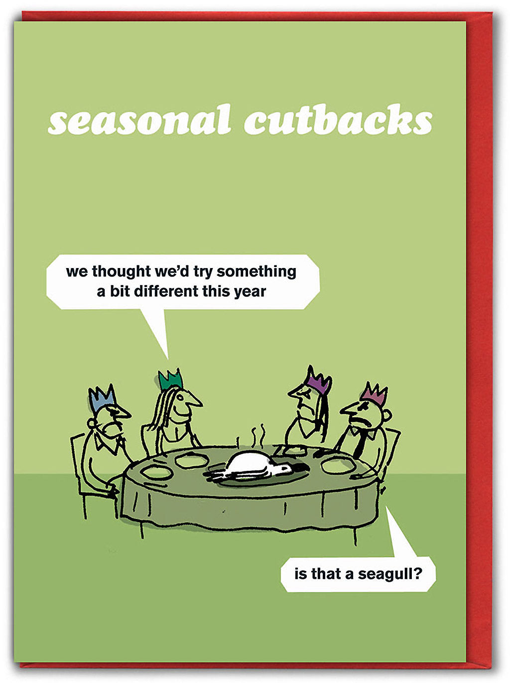 a funny christmas card featuring a green background and illustration of a christmas meal serving seagull.