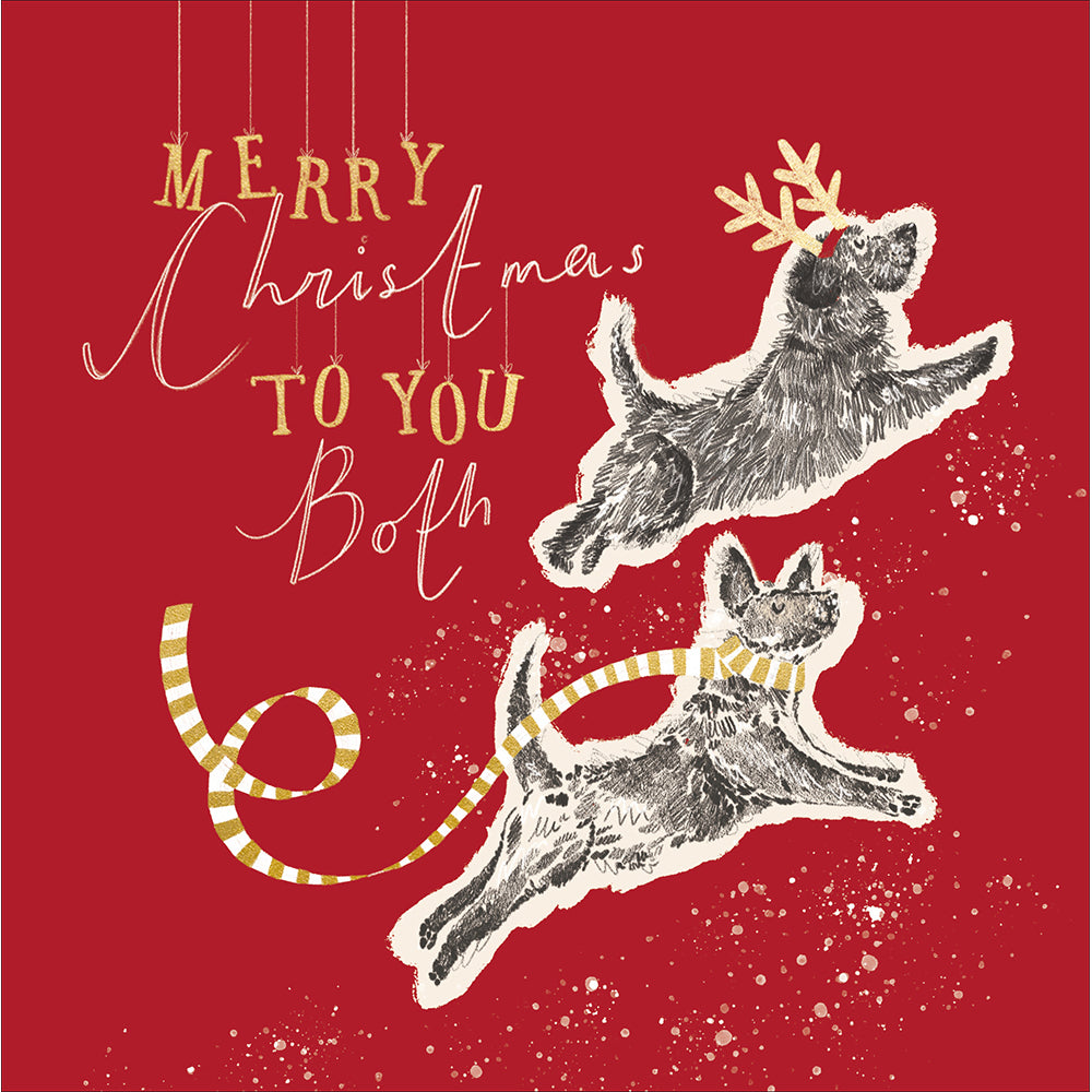 a christmas greetings card with a red background and two dogs jumping