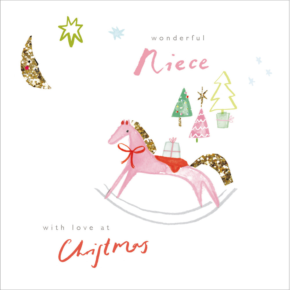 a greetings card with a white background and the image of a pink rocking horse