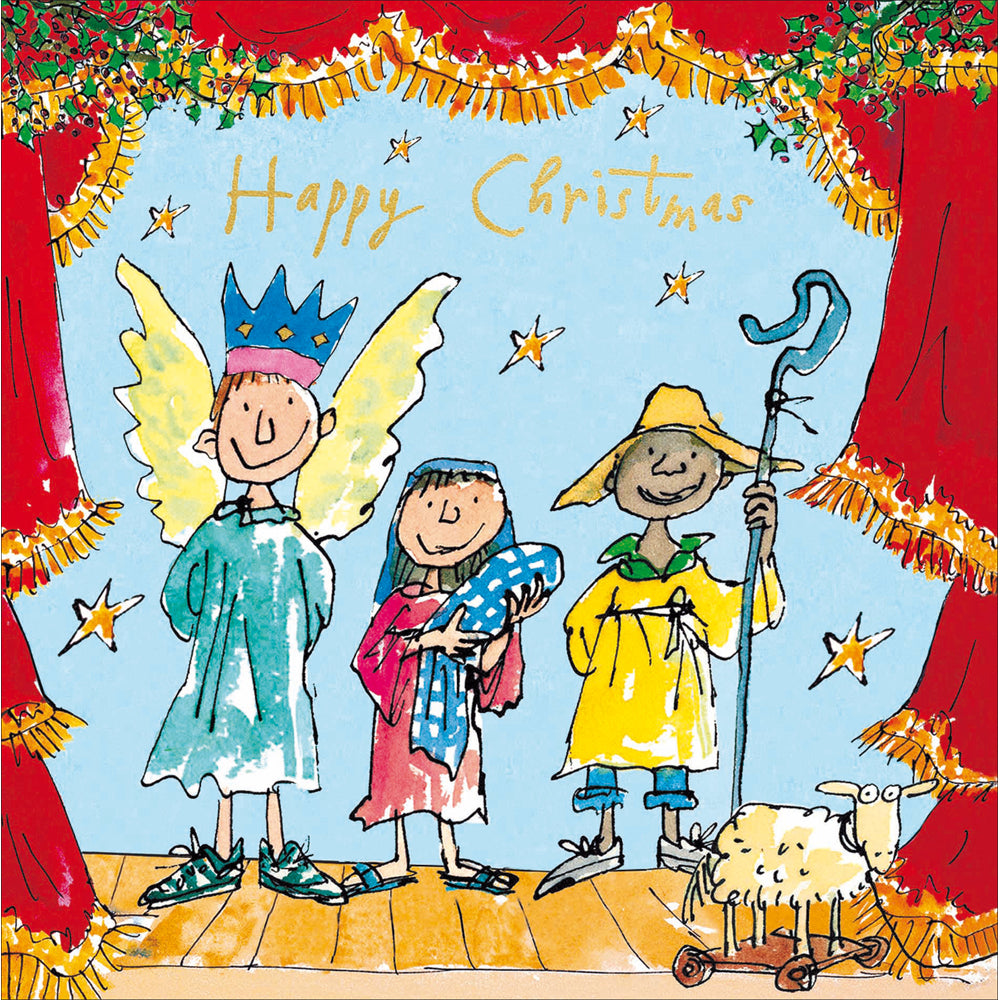 a quentin blake illustrated christmas card showing a children's nativity.