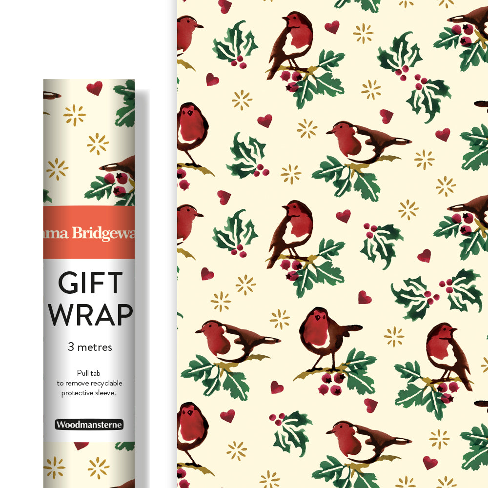 An image showing a roll of wrapping paper and a close up of the design on the right hand side. It has a repeat pattern of robins on a branch by emma bridgewater.