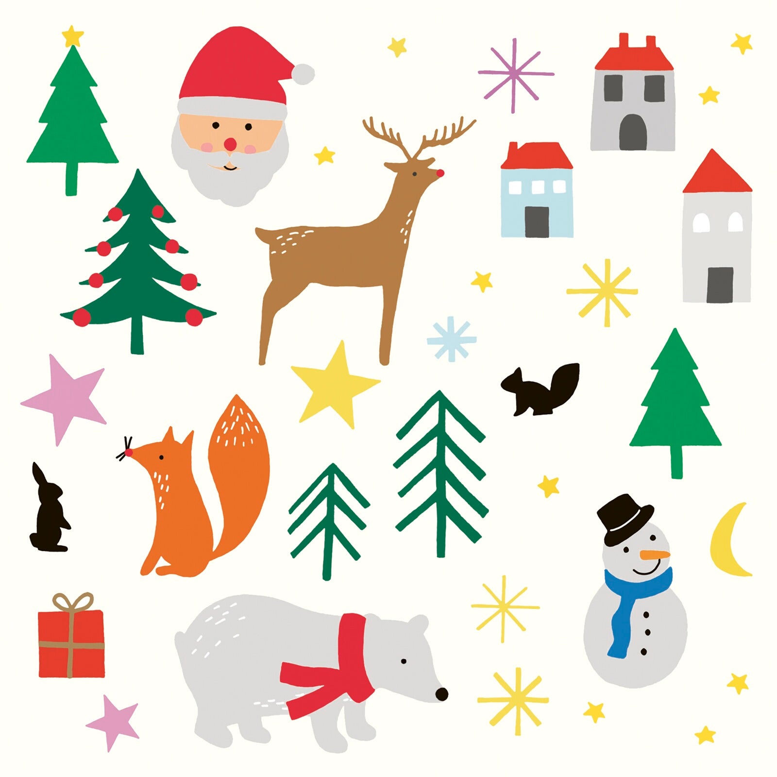 An image of a christmas napkin covered in icons of winter and the festive season e.g. santa, a snowman, a polar bear and other woodland animals.